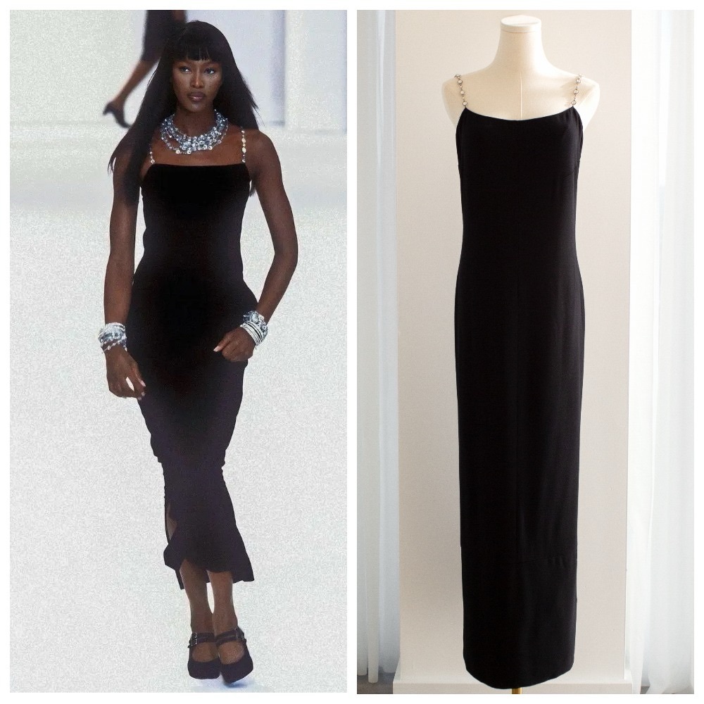 Chanel Vintage Spring/Summer 1998 Silver Crystal Chiclet Black 98p Gown Dress